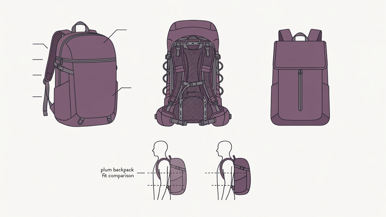 Flat vector comparison of a clamshell travel backpack, framed hiking backpack and simple daypack with labeled straps and access points