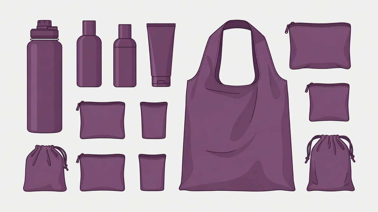 Flat vector inventory of a reusable bottle, refillable toiletry containers, washable shopping bag and small packing pouches with clear item labels
