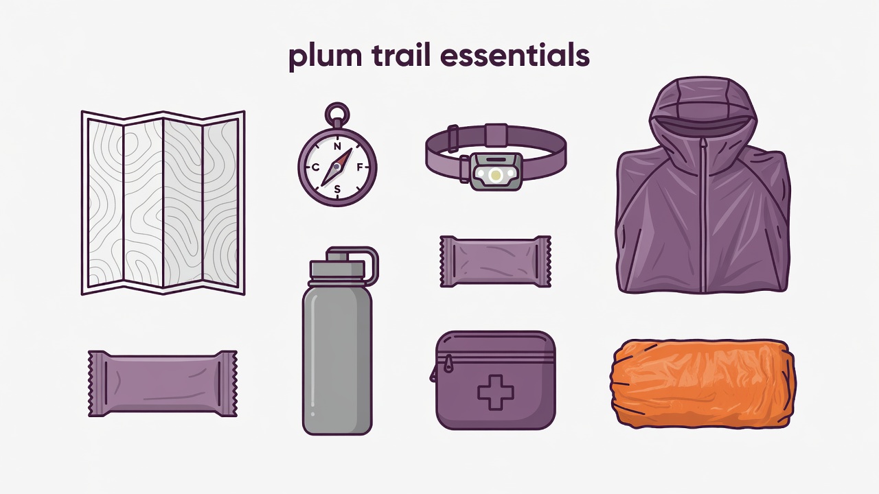 Labeled flat vector inventory of a map, compass, headlamp, rain layer, food, water bottle, first-aid pouch and emergency shelter