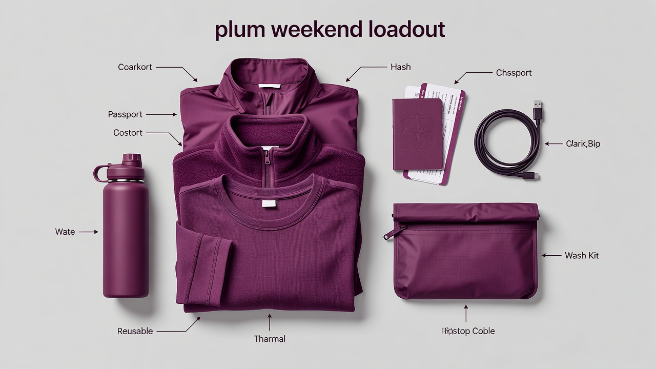 Labeled vector weekend loadout showing clothing layers, documents, a wash kit, charging cable and reusable bottle